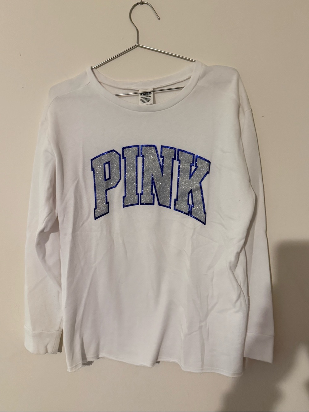 PINK Victoria's Secret White Long-Sleeve Tee with Blue Glitter Logo
